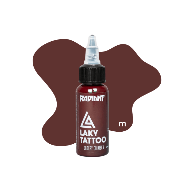 Short expiry Creepy Crimson Laky Rafiant 1oz tattoo ink bottle available from Magnum Tattoo Supplies - front view