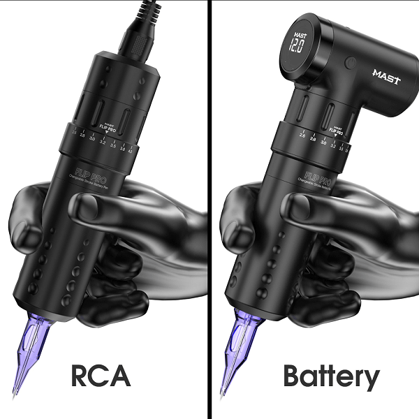 Dragonhawk Mast Flip Pro wireless pen in tattoo machines, available from Magnum Tattoo Supplies - RCA adapter view