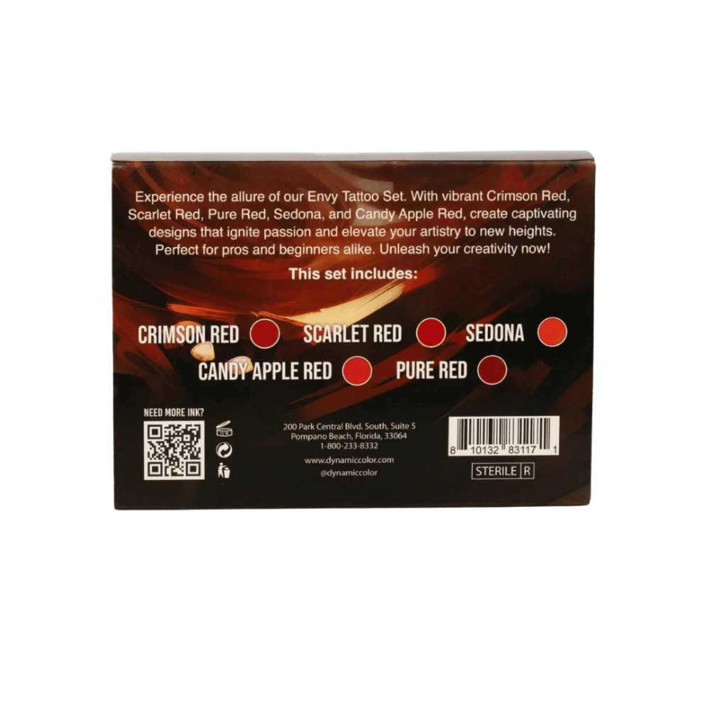 Dynamic Platinum Tattoo Ink Envy Colour Set packaging box available from Magnum Tattoo Supplies - rear view