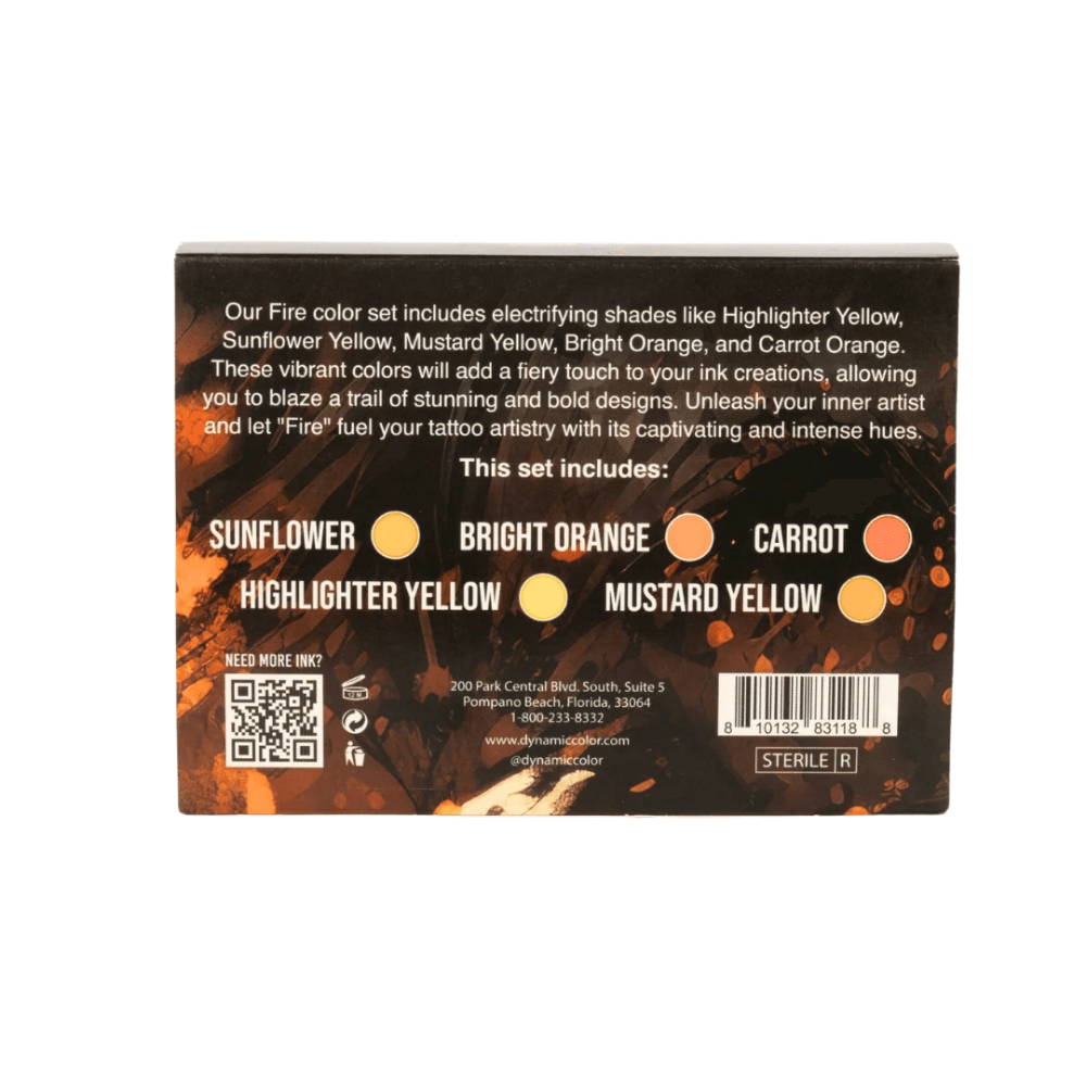 Dynamic Platinum Tattoo Ink Fire Colour Set packaging box available from Magnum Tattoo Supplies - rear view