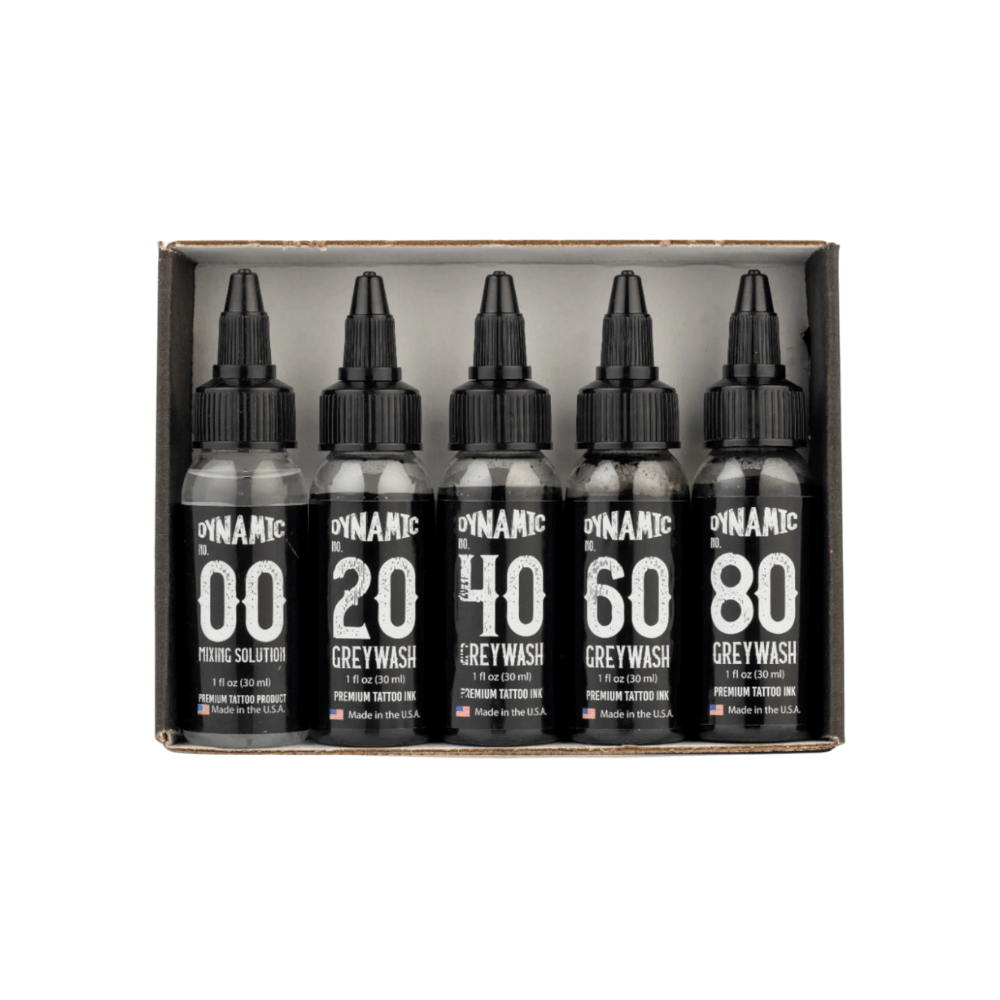 Dynamic Ink Greywash 5 Bottle Set individual bottles available from Magnum Tattoo Supplies - front lineup view