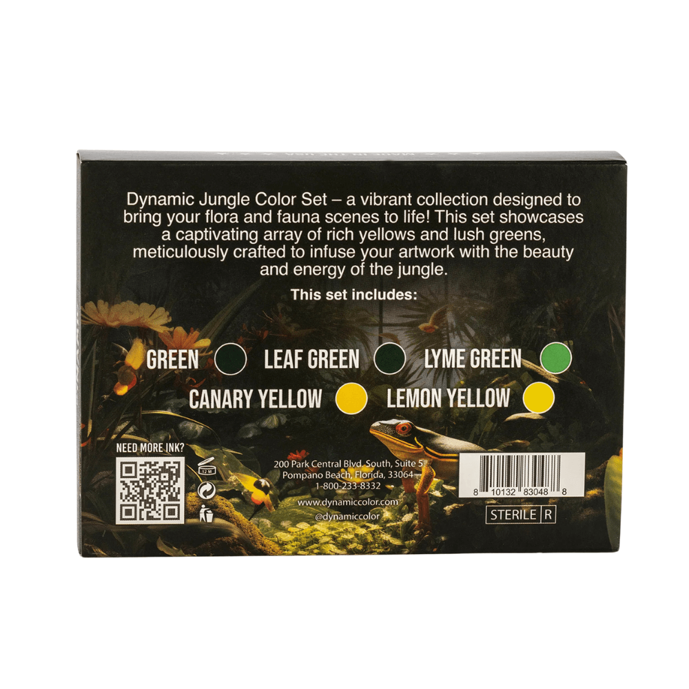 Dynamic Tattoo Ink Jungle Colour Set packaging box available from Magnum Tattoo Supplies - rear view
