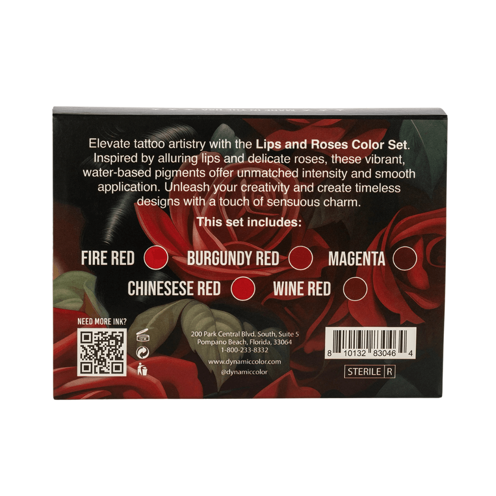 Dynamic Tattoo Ink Lips and Roses Colour Set packaging box available from Magnum Tattoo Supplies - rear view