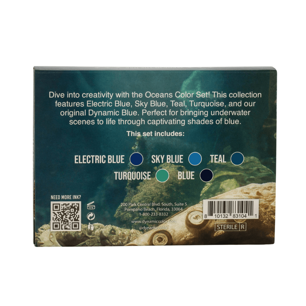 Dynamic Tattoo Ink Oceans Colour Set packaging box available from Magnum Tattoo Supplies - rear view
