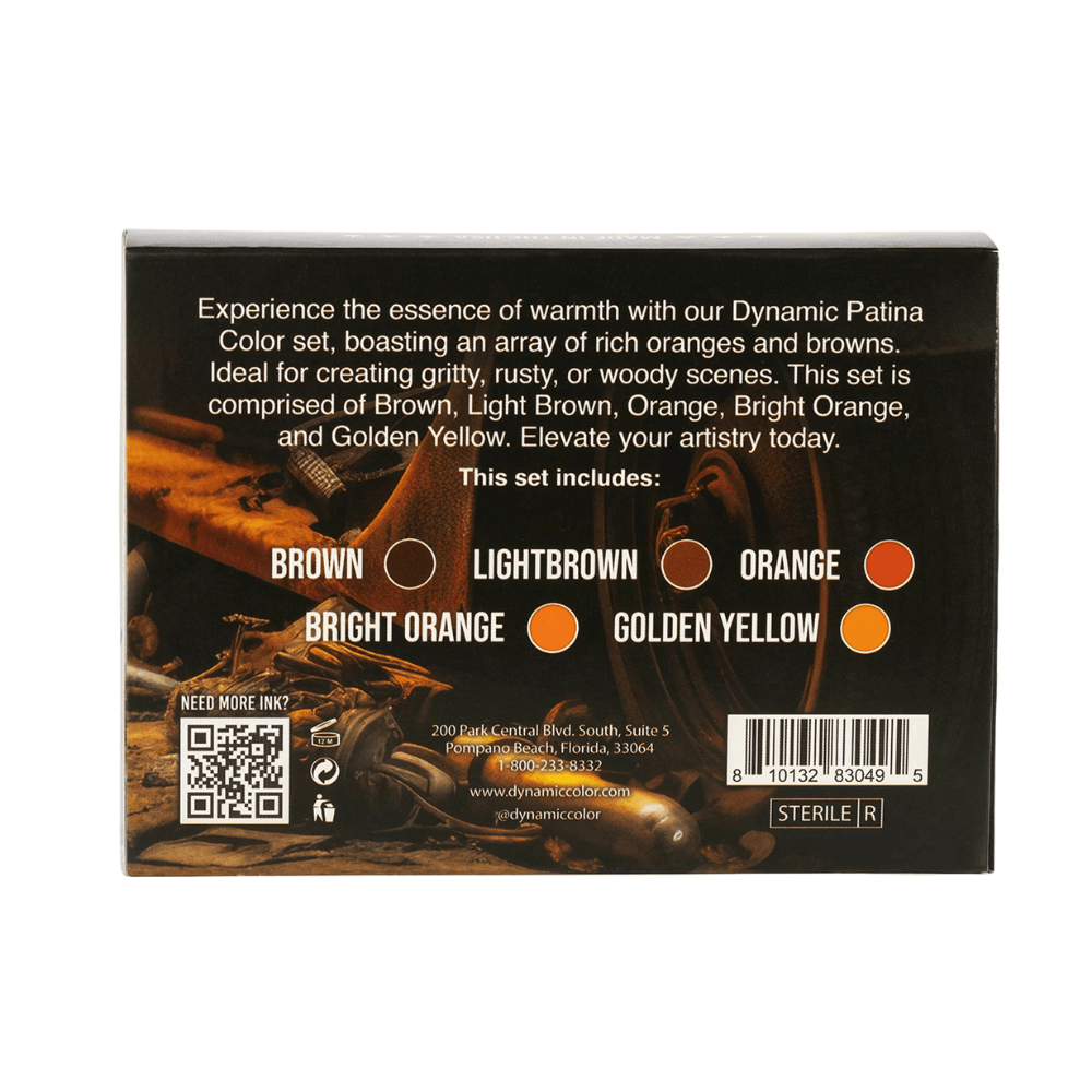 Dynamic Tattoo Ink Patina Colour Set packaging box available from Magnum Tattoo Supplies - rear view
