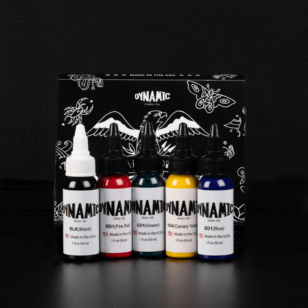 Dynamic Tattoo Ink Traditional Colour Set bottles available from Magnum Tattoo Supplies - front group view