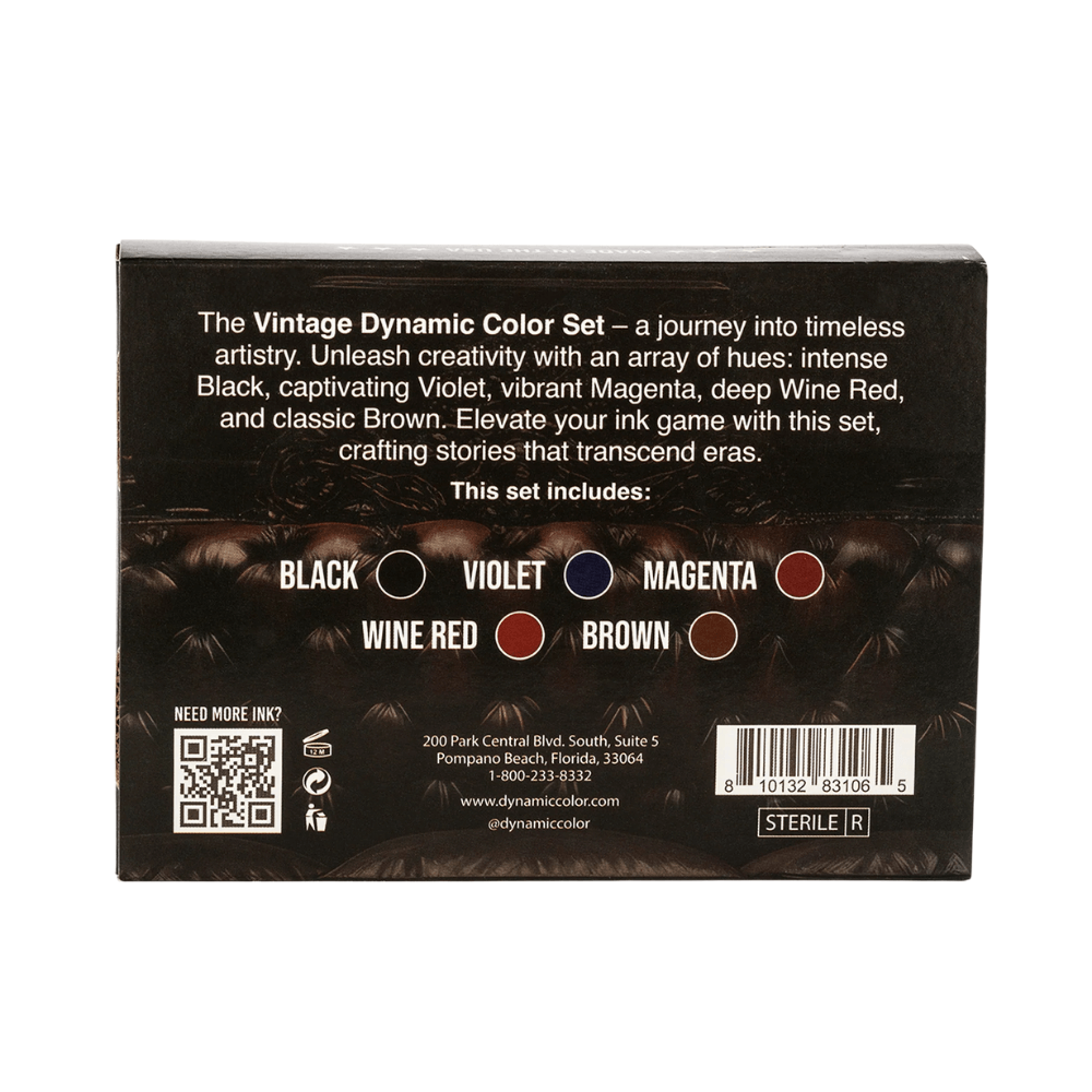 Dynamic Tattoo Ink Vintage Colour Set packaging box available from Magnum Tattoo Supplies - rear view