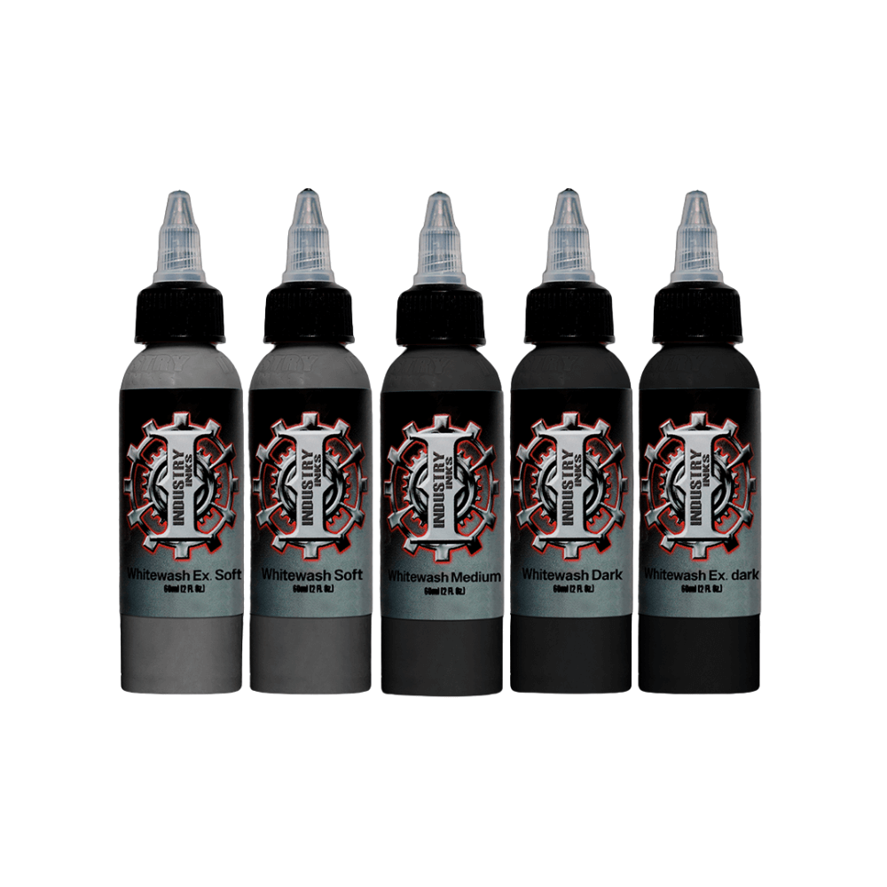 Industry Inks whitewash tattoo ink bottles set available from Magnum Tattoo Supplies - front view