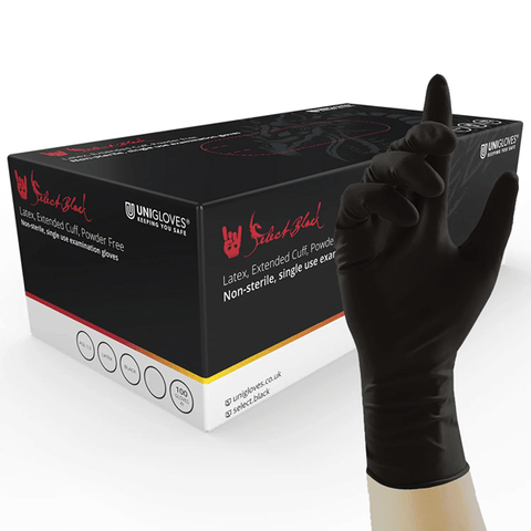 Unigloves Black Latex Gloves - Extended Cuff (100)
