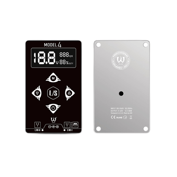 AVA Model 4 Power Supply – Black available Magnum Tattoo Supplies UK - front view control panel and rear view