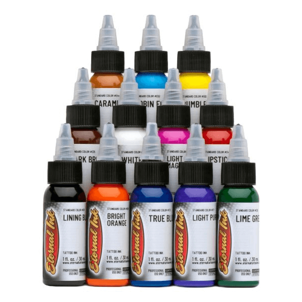 Eternal Ink Primary Colour Sample set with 12 tattoo inks available from Magnum Tattoo Supplies - front view