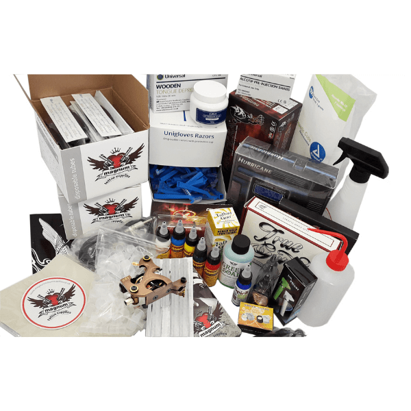 Magnum Pro Tattoo Kit Coil professional tattoo machine kit available from Magnum Tattoo Supplies UK - kit items overhead view