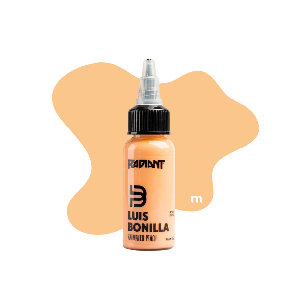 Short expiry Animated Peach Luis Bonilla Rafiant 1oz tattoo ink bottle available from Magnum Tattoo Supplies - front view