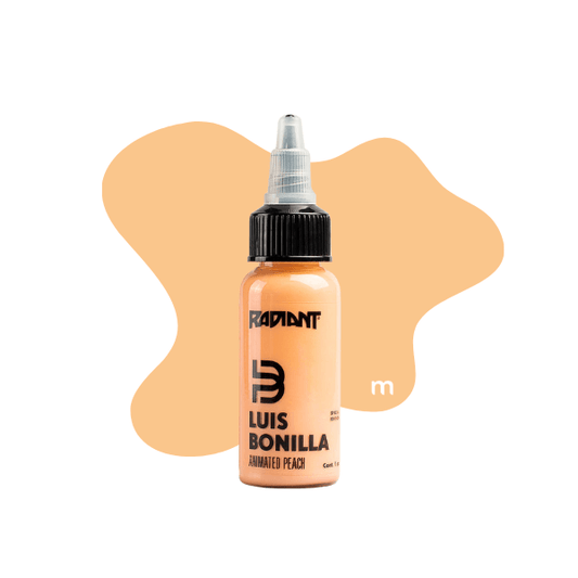 Short expiry Animated Peach Luis Bonilla Rafiant 1oz tattoo ink bottle available from Magnum Tattoo Supplies - front view