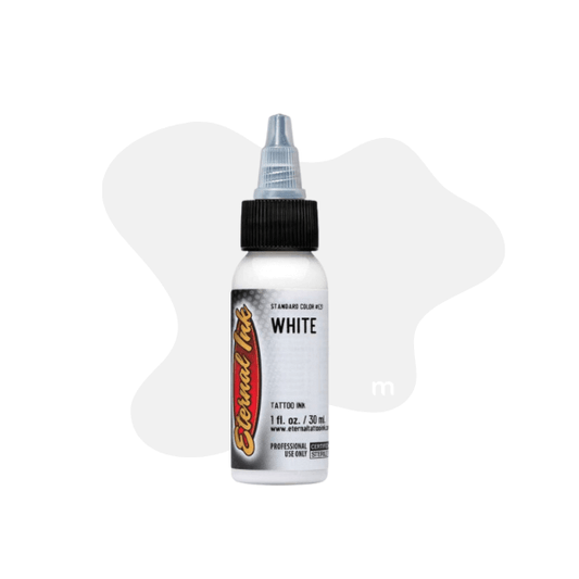 1oz White Eternal Ink bottle available from Magnum Tattoo Supplies - front view