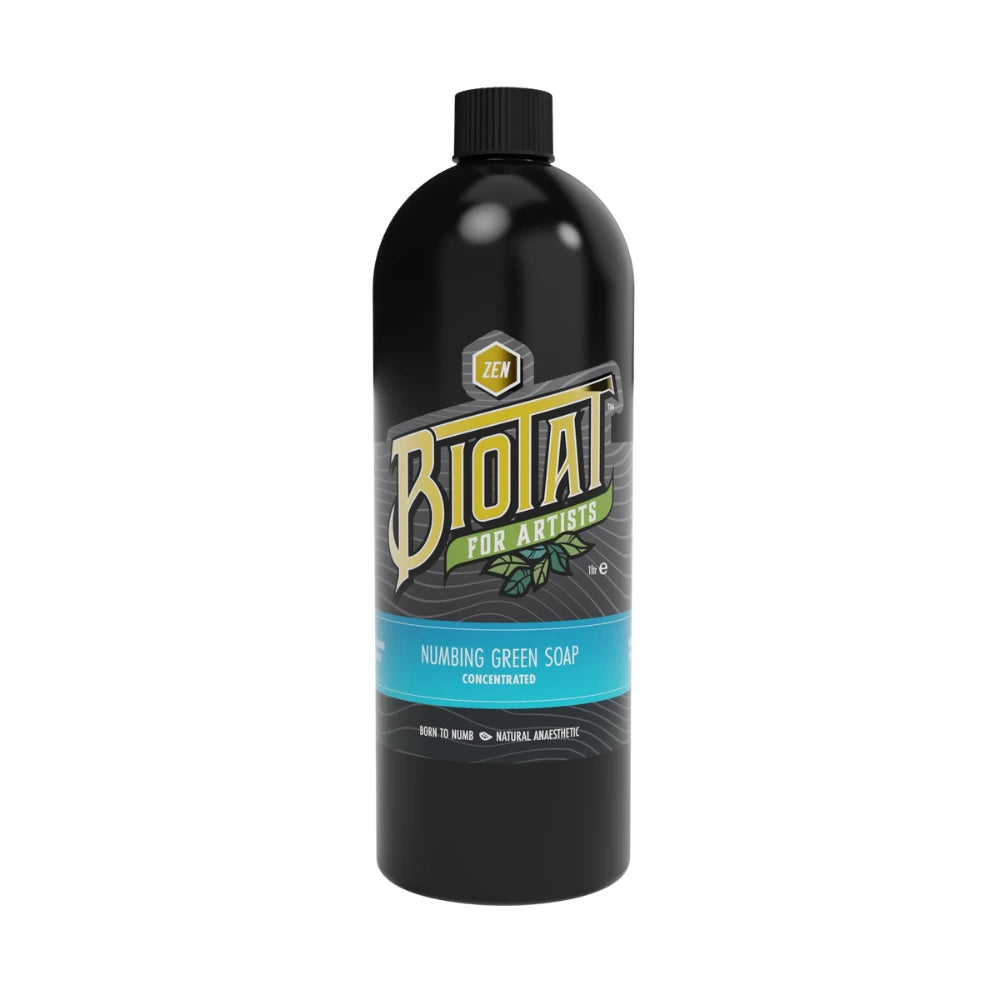 Biotat Zen Numbing Green Soap 1L Concentrate for tattooing, available from Magnum Tattoo Supplies - front view.