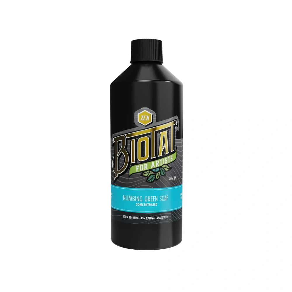 Biotat Zen Numbing Green Soap 500ml Concentrate bottle for tattooing, available from Magnum Tattoo Supplies - side view.