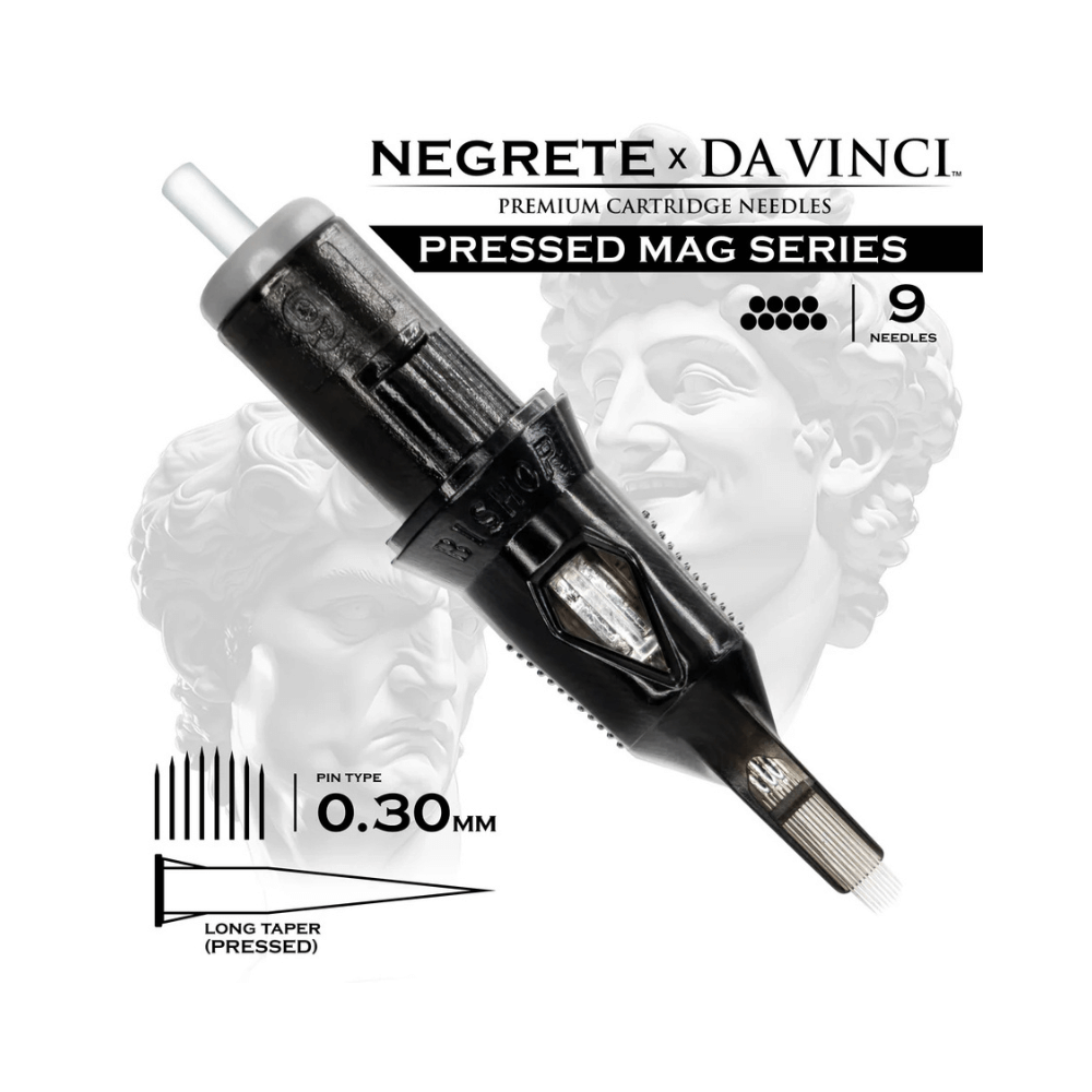 Da Vinci V2 x Negrete Curved Pressed Magnum tattoo cartridge available from Magnum Tattoo Supplies - top view