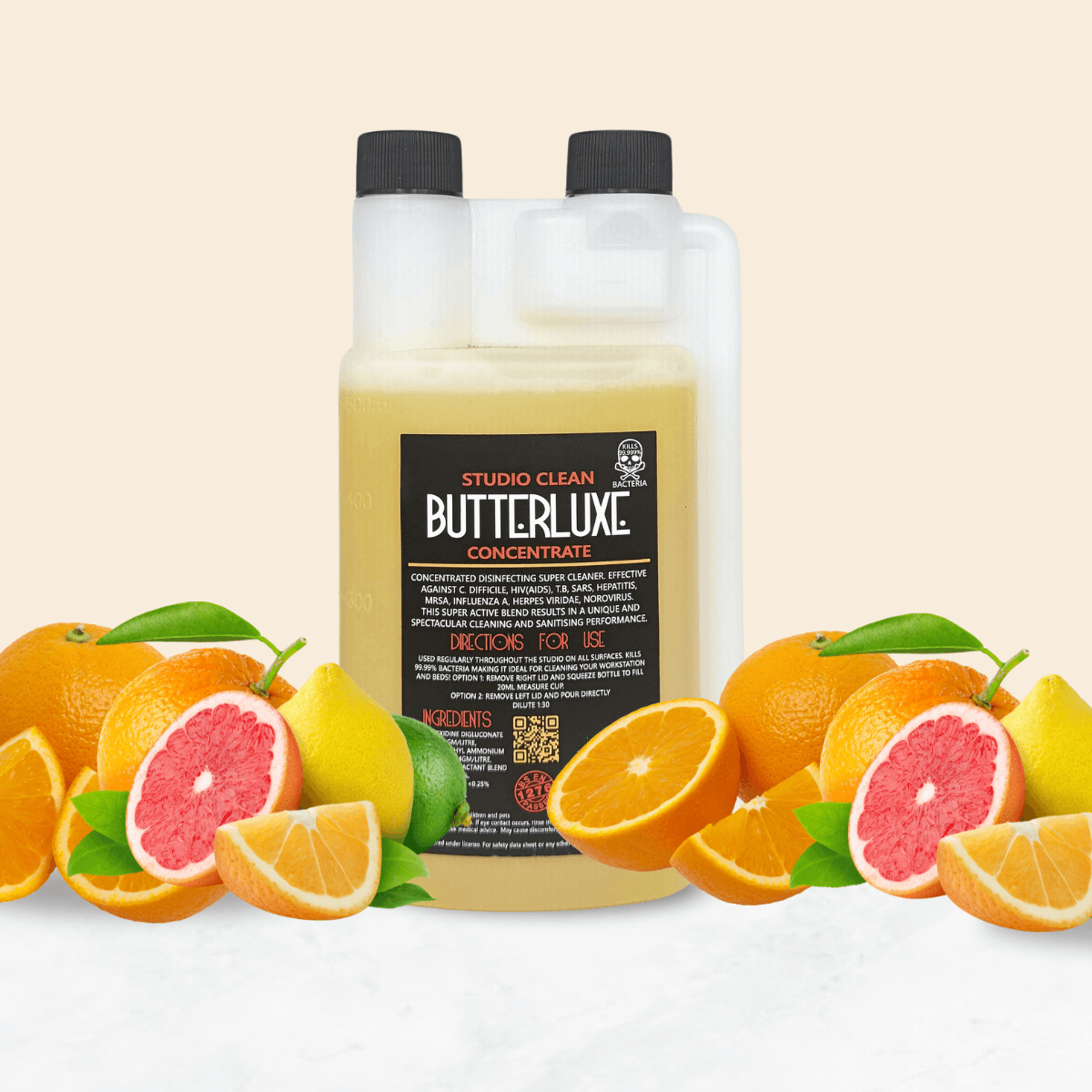 Butterluxe studio clean disinfectant concentrate (500ml) available from Magnum Tattoo Supplies - citrus blast scent
