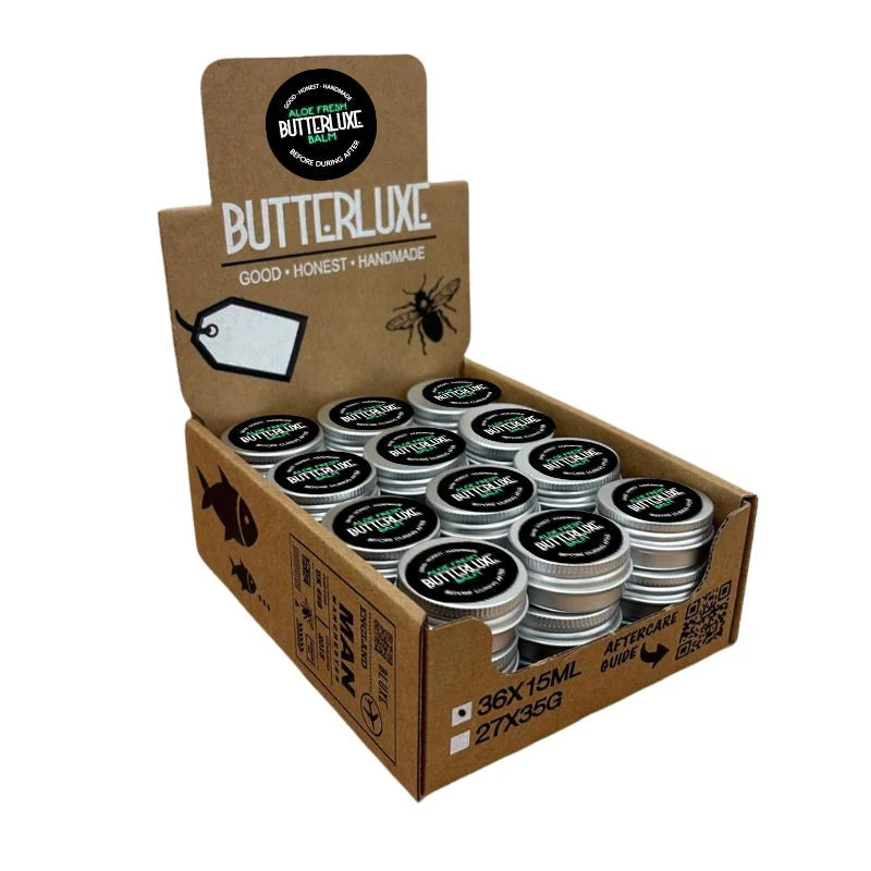 Butterluxe tattoo aftercare aloe fresh balm available from Magnum Tattoo Supplies - display box side view
