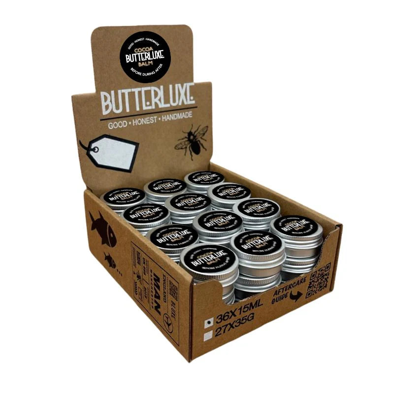 Butterluxe Cocoa Tattoo Balm aftercare from Magnum Tattoo Supplies - side display box view