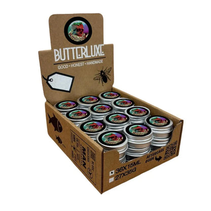 Butterluxe tattoo aftercare strawberries & cream balm available from Magnum Tattoo Supplies - display box side view