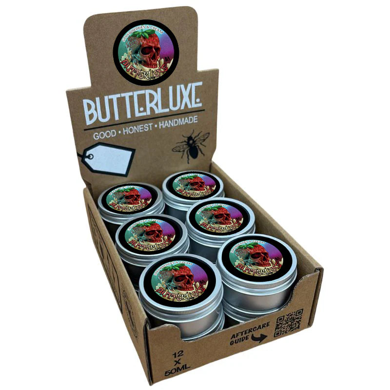 Butterluxe tattoo aftercare strawberries & cream balm available from Magnum Tattoo Supplies - display box front view
