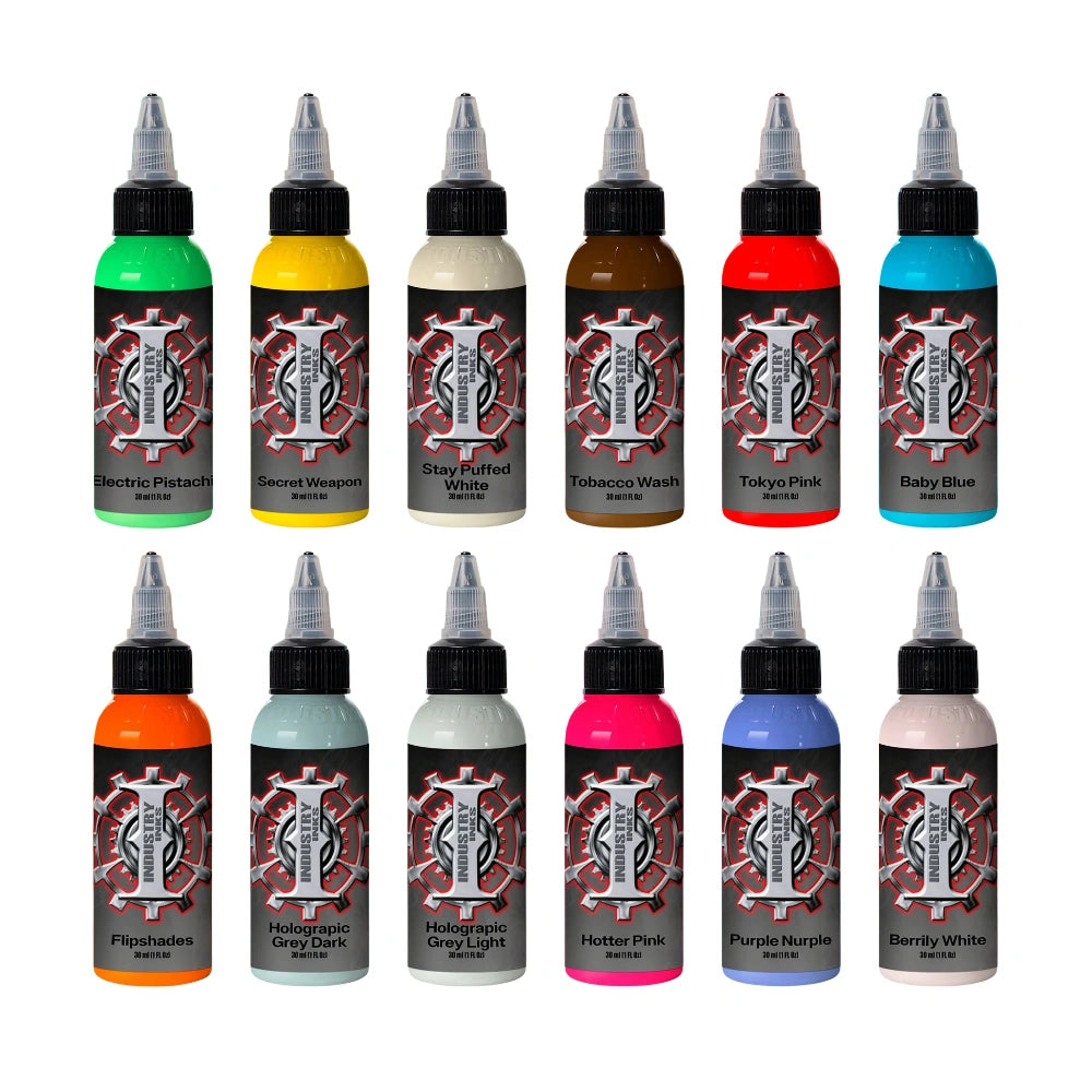 Industry Inks Holographic Sticker Colour Set tattoo ink bottles available from Magnum Tattoo Supplies - front view