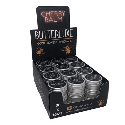 Butterluxe Tattoo Balm Cherry retail display in Tattoo Aftercare collection by Butterluxe from Magnum Tattoo Supplies